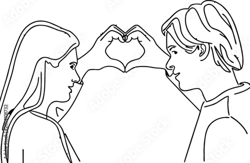 Continuous line drawing of young couple facing each other and forming a heart shape with their hands.