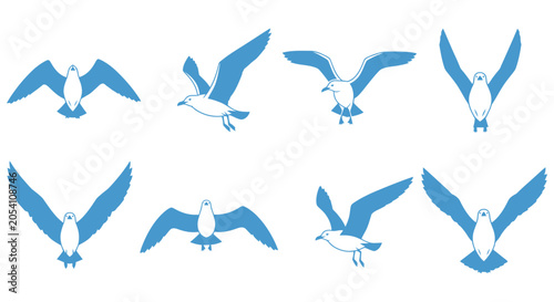 Tableau sur toile Seagull Silhouettes In Flight Blue Vector Illustration On White Background