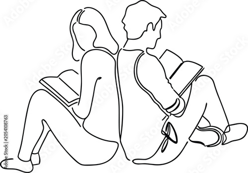 Couple reading books back to back line art illustration.