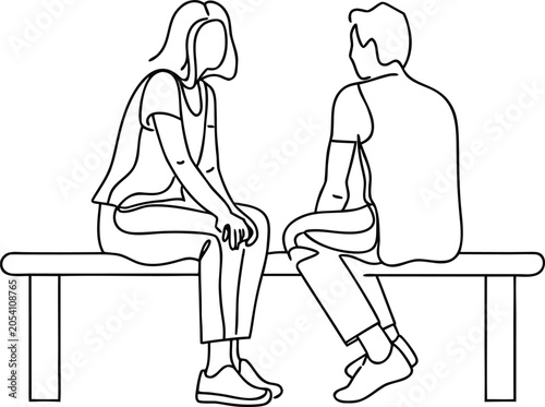 Couple sitting on bench in park, talking seriously, thoughtful conversation, outdoor setting.