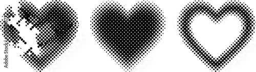 Black and white halftone heart shape icon set vector illustration featuring broken solid and outline concepts