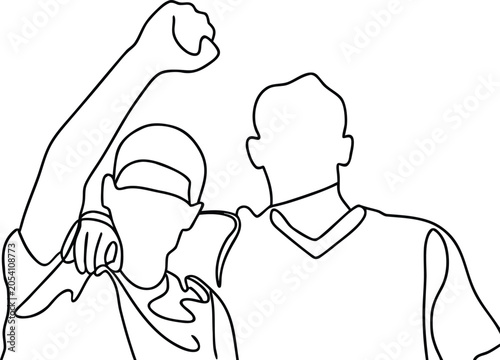 Continuous line drawing of two friends with raised hand cheering and celebrating moment.