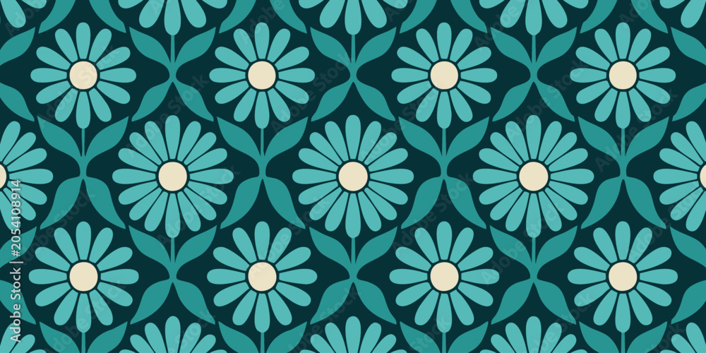 Fototapeta premium A seamless pattern of blue flowers with white centers on a dark background