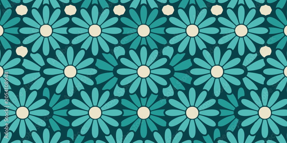 Fototapeta premium A serene floral pattern showcases numerous blue flowers with yellow centers on a dark background.