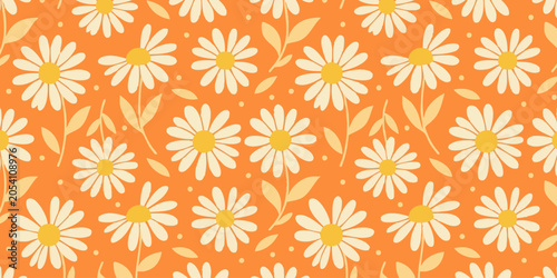 Photos Vibrant floral pattern with white daisies and yellow centers on orange backgroun