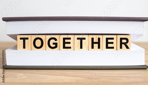 Together Concept with Wooden Blocks Between Books
