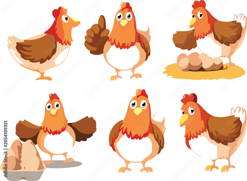 Fototapeta premium Cute Hen Character Vector Set with Various Poses, Breeding Eggs, and Poultry Farm Elements for Children Illustration and Organic Food Branding