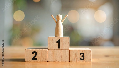 Achievement and Success Concept with Wooden Figurine on Podium wooden figure on Number 1 and 2 and 3 on wooden podium 