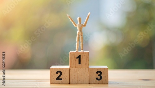 Achievement and Success Concept with Wooden Figurine on Podium wooden figure on Number 1 and 2 and 3 on wooden podium 