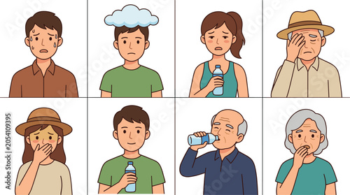 Tableau sur toile Dehydration and exhaustion illustration set with tired people, water bottles, fa
