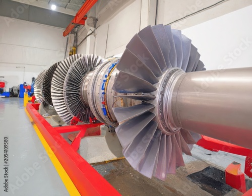 Industrial turbine engine rotor with multiple bladed stages on a repair stand in a workshop