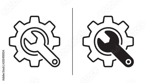 Obraz na płótnie Cog and Wrench Icons: A set of two minimalist icons featuring a cogwheel and a wrench, symbolizing mechanical settings, engineering, or tool usage