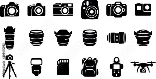 Fotografie Professional Photography Equipment and Camera Accessories Silhouette Icon Set Fe