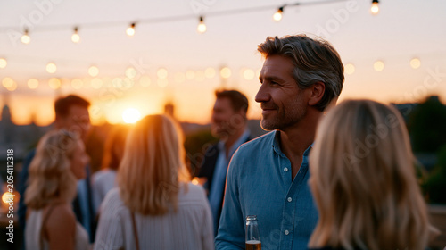 Organic community gathering on a city rooftop at sunset, a female founder standing at the edge of the group rather than at the front, twelve community members in clusters of two an