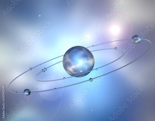 Abstract science concept of a model atomic structure or planetary system made of floating spheres with structure