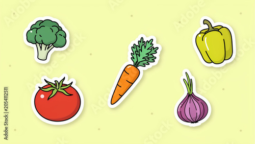 Colorful cartoon fruits and vegetables set on a bright yellow background Vector