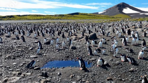 Large colony of king penguins standing on a rocky beach in antarctica