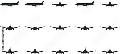 Photos Airplane Silhouette Vector Icon Set with Commercial Passenger Jets Airliners and