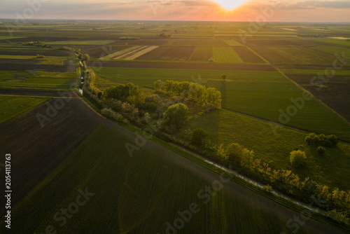 Aerial drone shot of Green and lush Plains of Agricultural fields