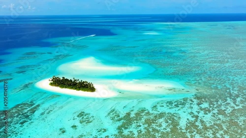 Small tropical island with palm trees in the middle of a beautiful clear blue ocean