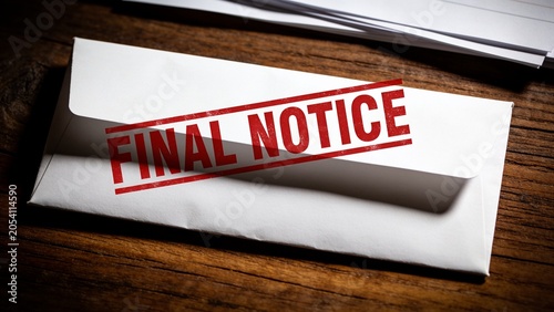 White envelope with red final notice stamp sitting on textured dark wooden table.
