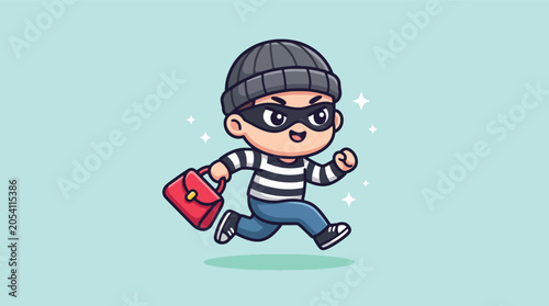 Fotografie Cute Cartoon Thief Running With A Red Bag Illustration.