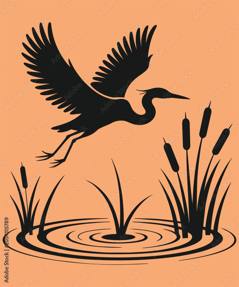 Obraz premium A silhouette of a bird in flight with wings outstretched over a water surface with ripples and reeds framing the scene and depicts in outline style