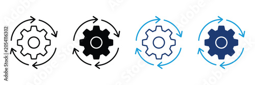 System Update and Settings Processing Icon Set. Automated Gear Rotation, Synchronize Maintenance Refresh Symbol. Vector Illustration.