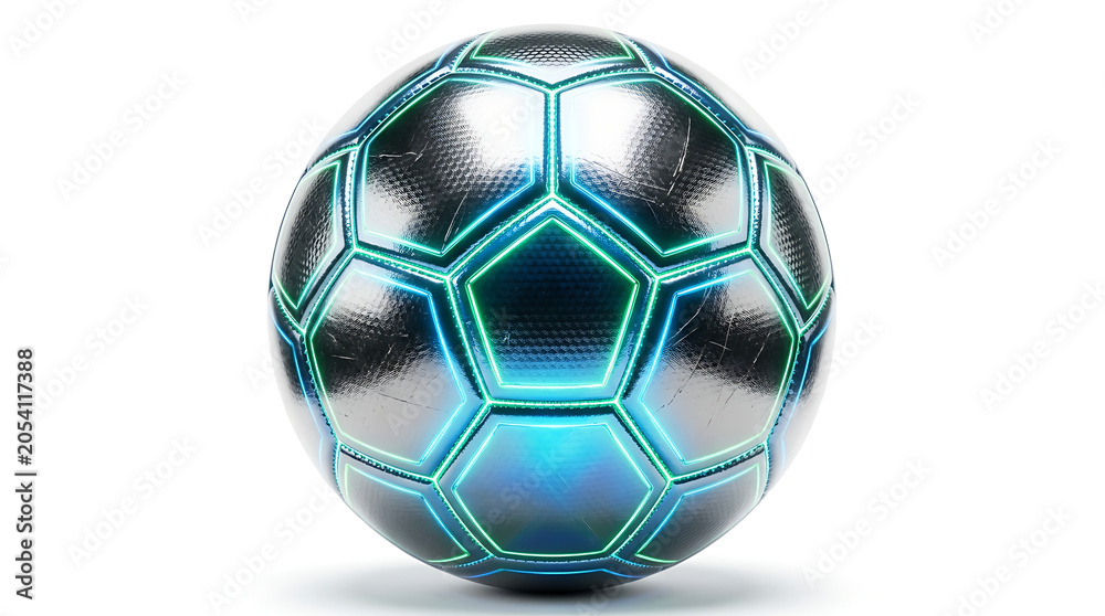 Naklejka premium Futuristic Metallic Soccer Ball with Glowing Neon Light Edges Isolated on White