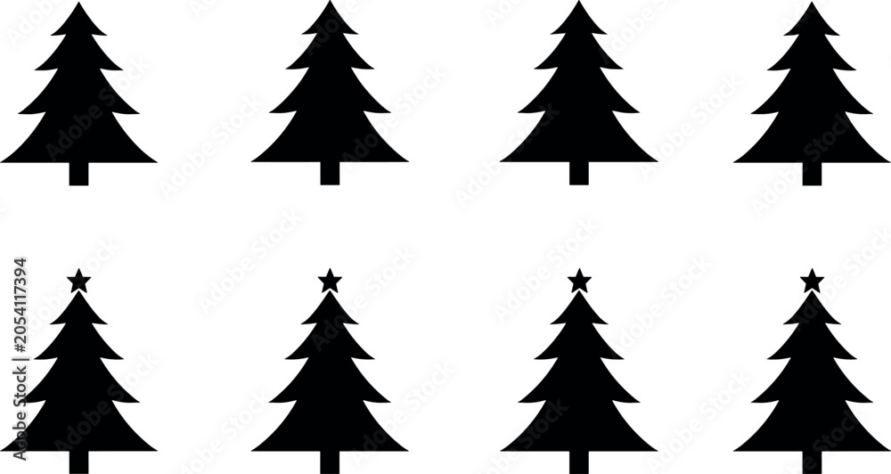 Fototapeta premium Christmas Tree Silhouette Icon Set with Spruce Pine Fir and Star Top Symbols for Winter Holiday Cards Christmas Party Decor and Invitation Graphics