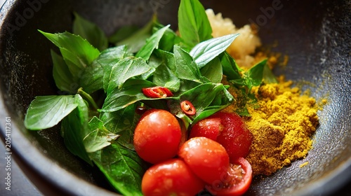 Fresh basil leaves, tomatoes, yellow curry, and red chili peppers arranged in a bowl with vibrant ingredients for cooking.