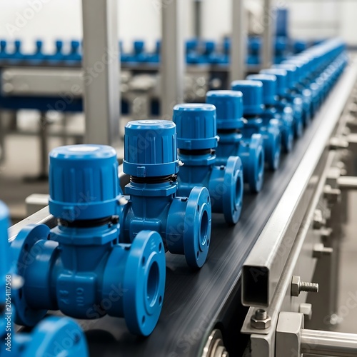 Industrial Manufacturing Line with Blue Valves on Conveyor Belt.