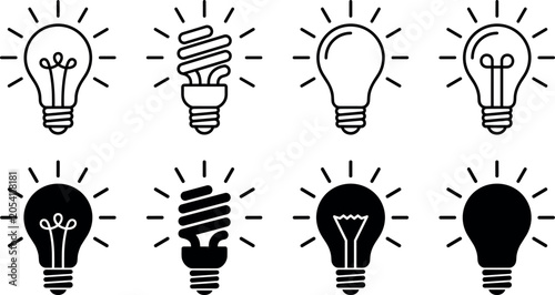 Glowing light bulb line and silhouette icon set vector illustration featuring incandescent led and fluorescent lamps