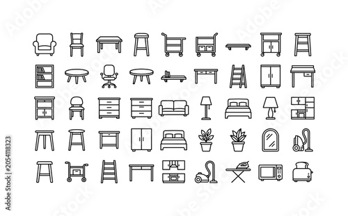 Furniture and household equipment icon set with chairs, tables, shelves, carts, cabinets and home interior objects in outline