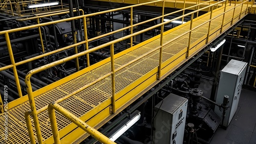 Industrial Metal Walkway with Yellow Handrails in a Factory Setting.