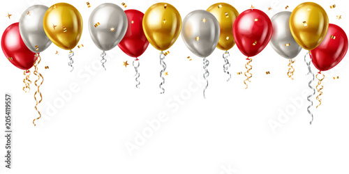 Red, gold, and silver balloons with ribbons and confetti float upwards, creating a festive scene with shiny reflective surfaces and scattered gold stars.