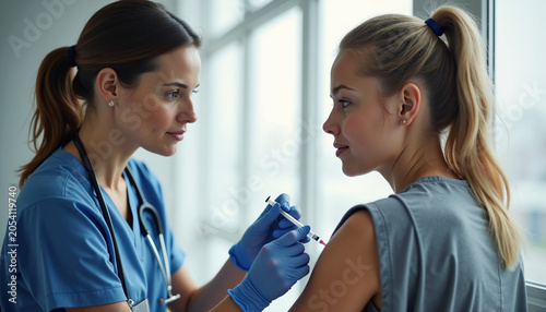 Medical professional administering vaccine to patient in clinic setting. Nurse prepares to inject vaccine to young woman in healthcare environment. Concept of vaccination and public health awareness.