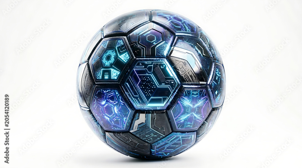 Naklejka premium Futuristic Cybernetic Soccer Ball Design Isolated on a Clean White Background