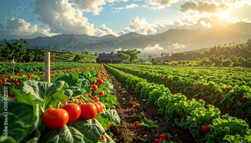 Lush vegetable garden with ripe tomatoes and mountain backdrop.