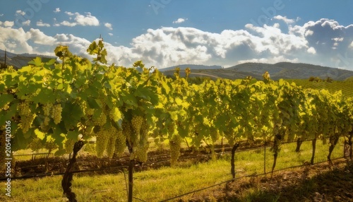 Lush vineyard landscape with rows of grapevines under a bright sky.
