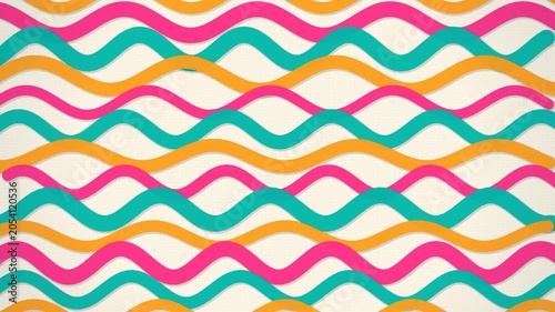 Abstract geometric pattern with repeating wavy lines in pink, orange, and teal on a light background, creating a visually appealing and dynamic composition