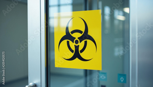 Biohazard warning sign on glass door indicating hazardous materials area. Cautionary label features clear biohazard symbol against bright yellow background.