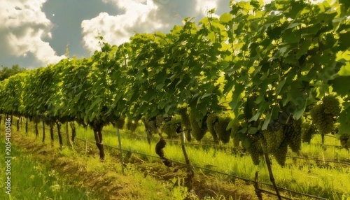 Lush vineyard row under cloudy sky, showcasing grape cultivation.