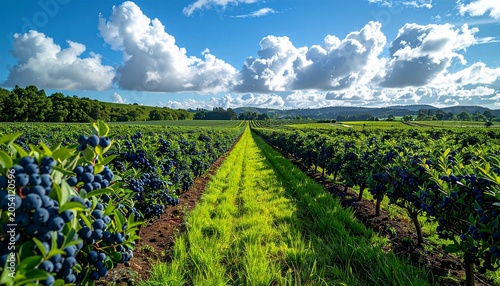Lush Vineyard Rows Under a Bright Blue Sky with Fluffy Clouds.