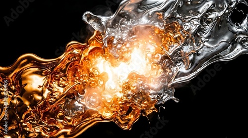 Dramatic abstract collision of liquid gold and silver metal splashing with a glowing bright light for luxury and dynamic energy concepts