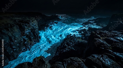 Dramatic bioluminescent blue ocean waves crashing through dark jagged coastal rocks at night for mysterious nature exploration concepts