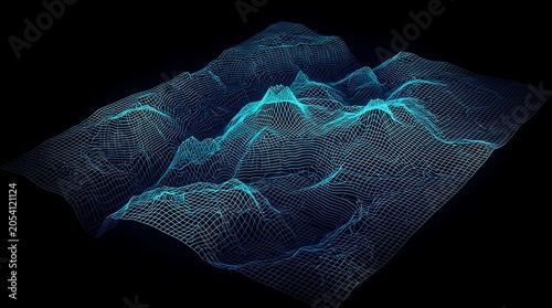 Glowing cyan digital wireframe topographic map of mountainous terrain for geographic data visualization and virtual reality concepts