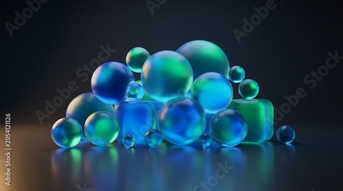 Glowing translucent blue and green geometric spheres and cubes arranged on a dark reflective floor for modern futuristic abstract background designs