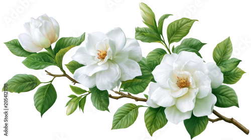 White gardenia blossoms flowers branch, spring flowers on a transparent background.