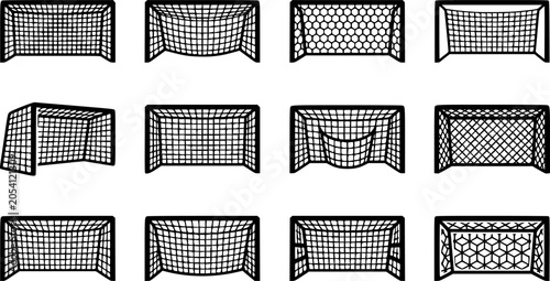 Football goal net silhouette icon set, flat black glyph style, pure white background